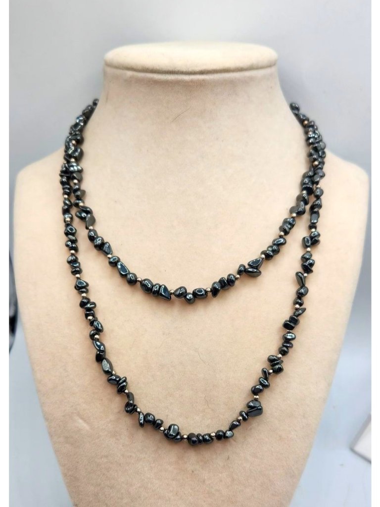 Black Hematite Gemstone Beaded Long Necklace - 36 Inches - Tone Spacer Beads